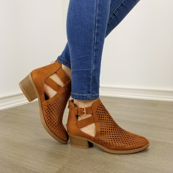 Brown Perforated Cut Open Ankle Boots - Picture 3 of 12
